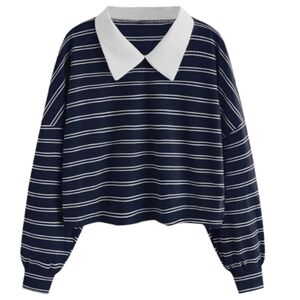 SweatyRocks Womans Oversized‎ Cropped Black & White Stripe Collared Top Size S